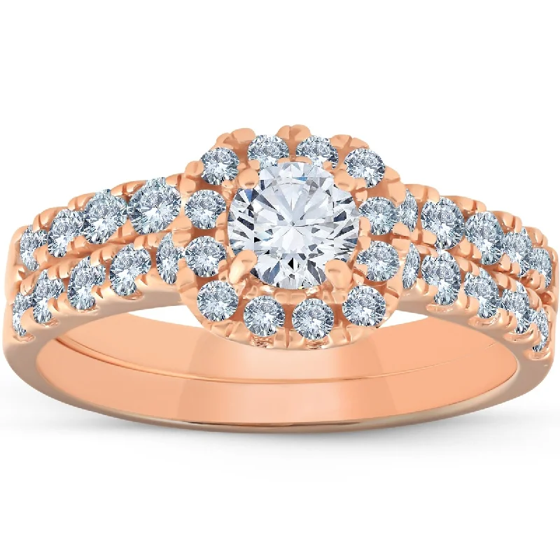 Engagement rings with yellow gold floral halos -1 1/4 Ct TDW Diamond Cushion Halo Engagement Wedding Ring Set 14k Rose Gold