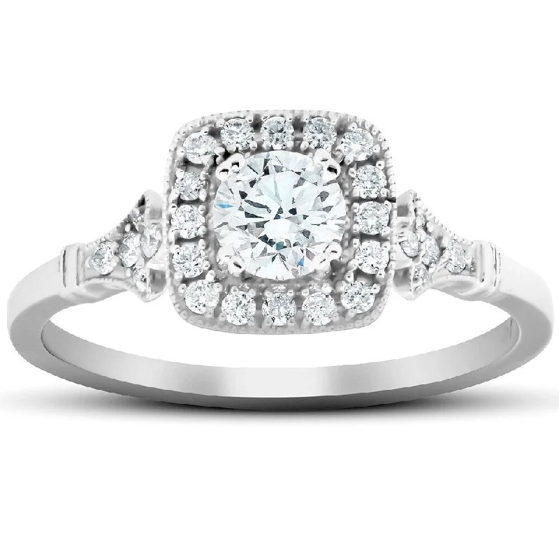 Engagement rings with infinity twist diamond bands -1/2 Ct Cushion Halo Diamond Pave Engagement Ring 14k White Gold