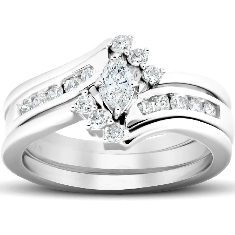 Engagement rings with star sapphire for glow -10k White Gold 1/2ct TDW Marquise Diamond 3-piece Bridal Set