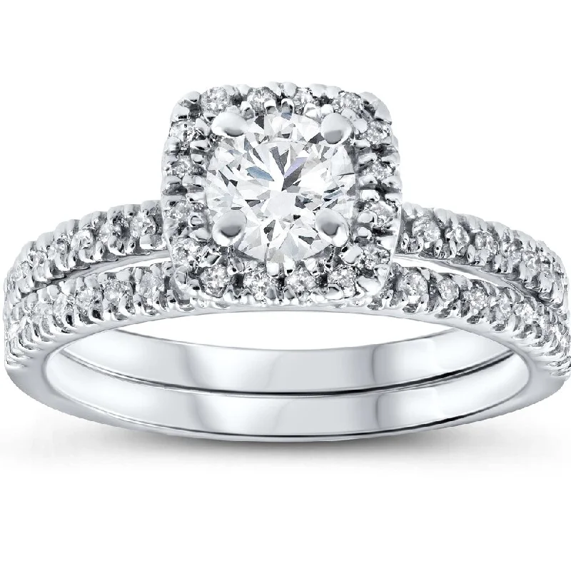 Engagement rings with asymmetrical halo of jade -10k White Gold 1ct TDW White Diamond Cushion Halo Bridal Set