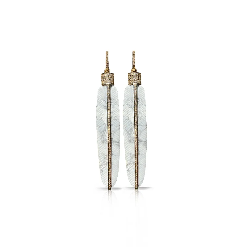 Hoop earrings with abstract wirework for an artistic, unique look-14k Carved Howlite Feather Earrings