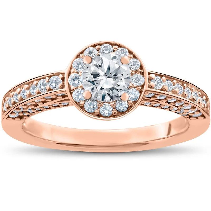 Engagement rings with cathedral-set ruby stones -14k Rose Gold 1 ct TDW Diamond Halo Engagement Ring - White I-J - White I-J