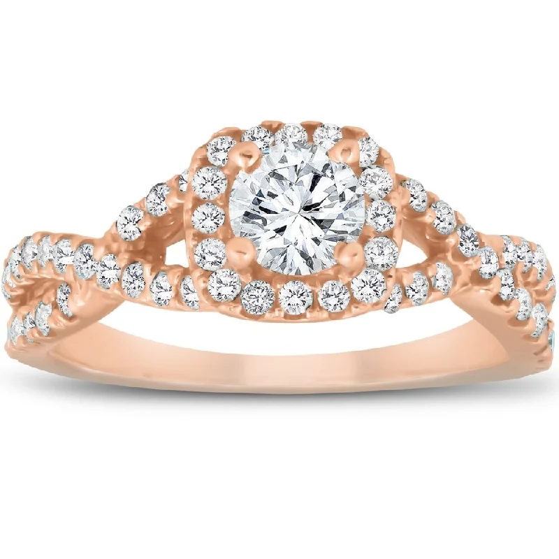 Engagement rings with vine-inspired topaz bands -14k Rose Gold 1 Ct TDW Round Diamond Cushion Halo Engagement Ring