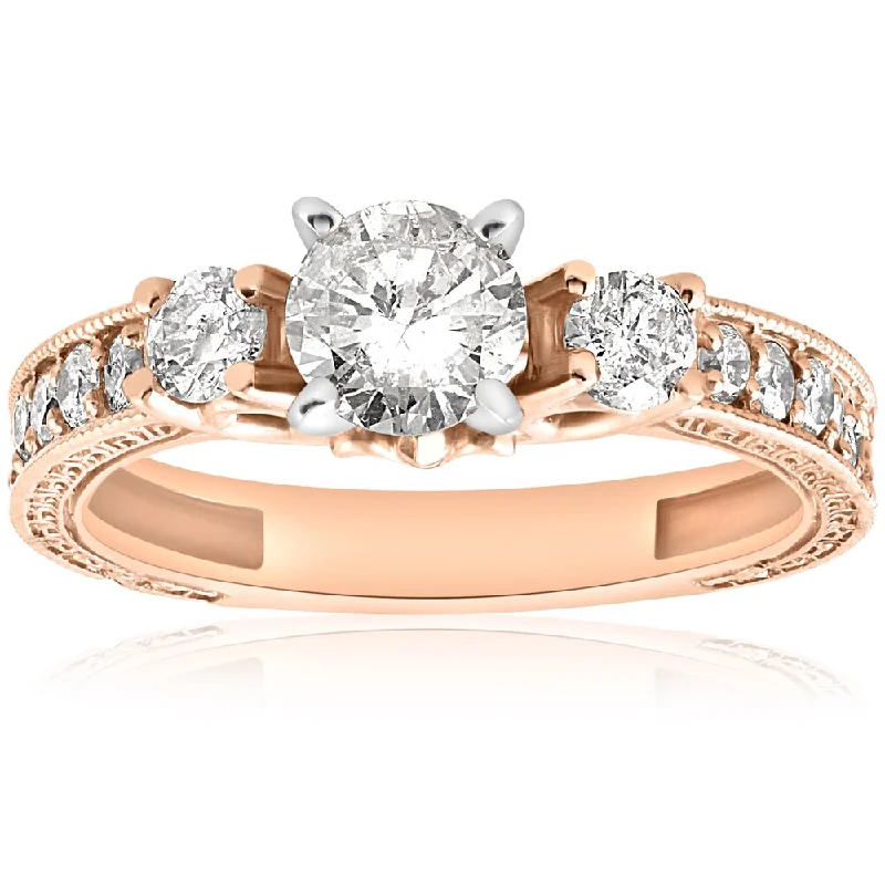 Engagement rings with cushion-cut aquamarine stones -14k Rose Gold 1ct TDW Diamond Vintage Engagement Hand Engraved Ring (I-J, I2-I3)