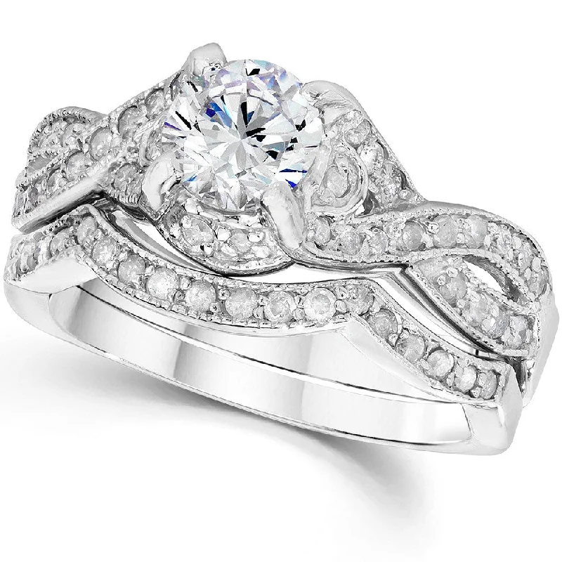 Engagement rings with infinity twist diamond bands -14k White Gold 1 1/2 ct TDW Diamond Engagement Wedding Ring Set