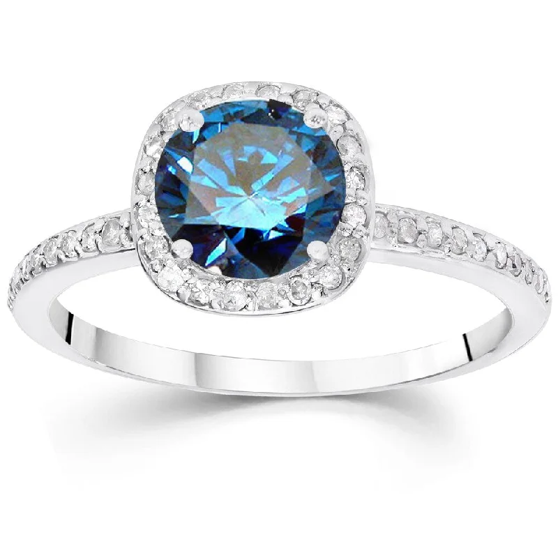 Engagement rings with matte finish rose gold -14k White Gold 1 1/4ct TDW Blue and White Diamond Halo Engagement Ring