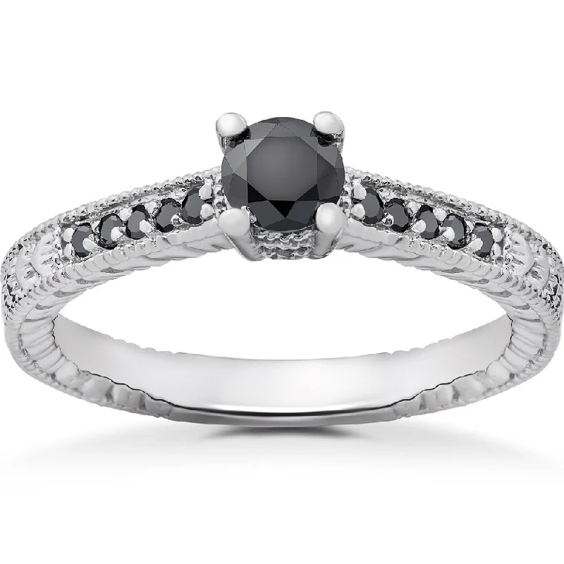 Engagement rings with sleek emerald-cut jade stones -14k White Gold 1/2ct TDW Black Diamond Vintage Engagement Ring