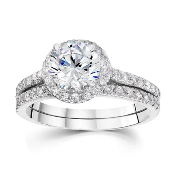 Engagement rings with east-west moonstone settings -14k White Gold 1 5/8ct TDW Halo Diamond Bridal Set