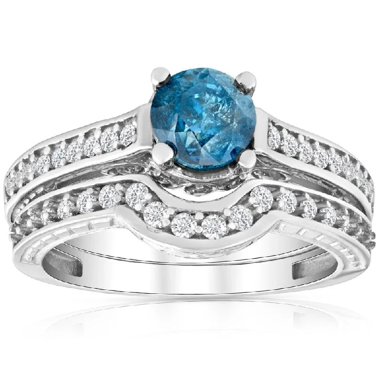 Engagement rings with modern open-band opal -14k White Gold 1.5ct TDW Blue/ White Vintage-style Diamond Bridal Set