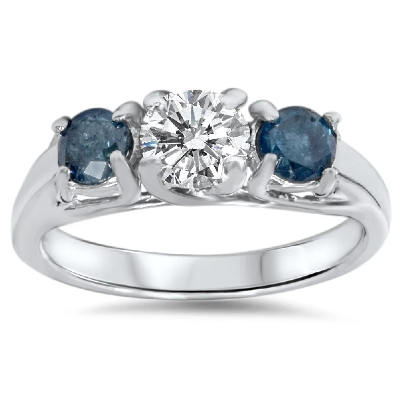 Engagement rings with halo of vibrant citrine -14k White Gold 1ct White and Blue Diamond 3-stone Engagement Ring