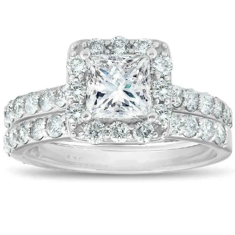 Engagement rings with vine-inspired topaz bands -14k White Gold 2 1/2ct TDW Clarity Enhanced Diamond Princess-cut Halo Bridal Set