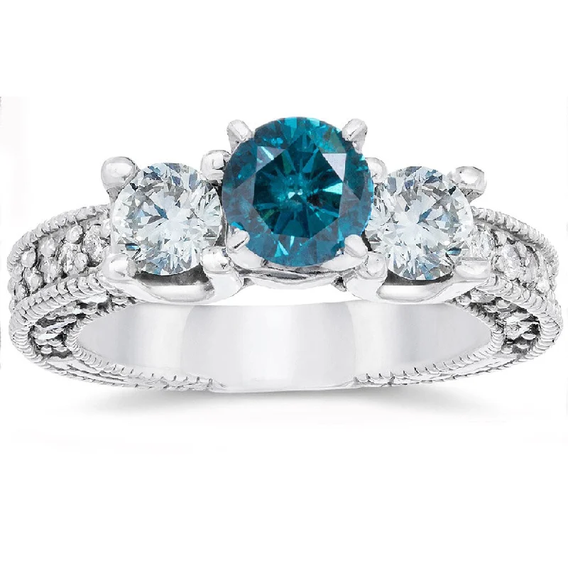 Engagement rings with cluster topaz for dazzle -14k White Gold 2ct TDW Vintage Blue Diamond Engagement 3-Stone Ring