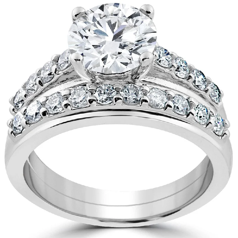 Custom engagement rings with engraved floral bands -14k White Gold 3ct Diamond Engagement Wedding Ring Set