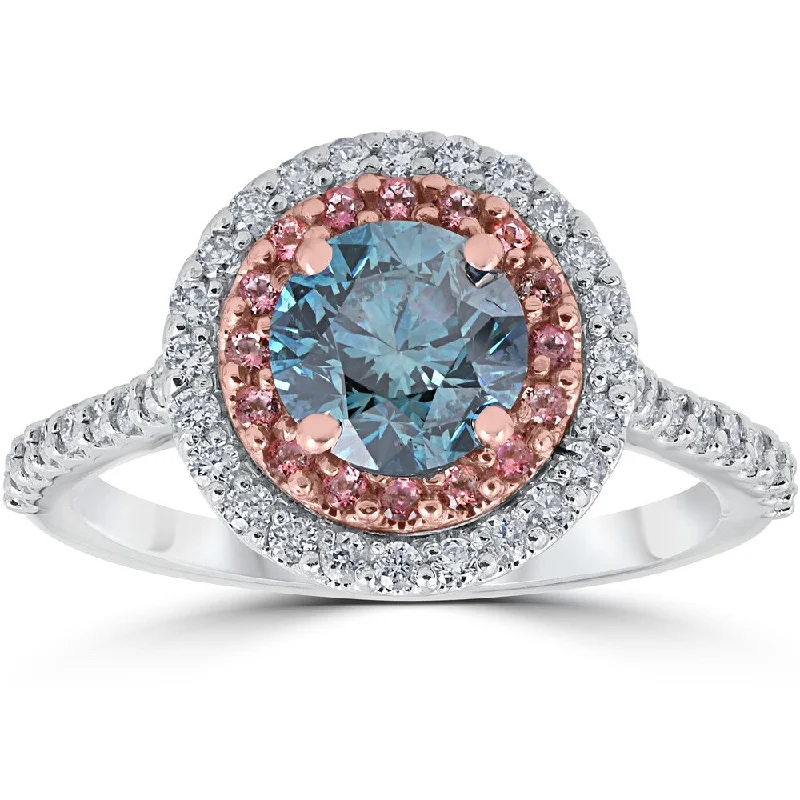 Engagement rings with unique claw-set peridot -14k White & Rose Gold 1 5/8 ct TDW Blue & White Diamond Pink Topaz Double Halo Engagement Ring