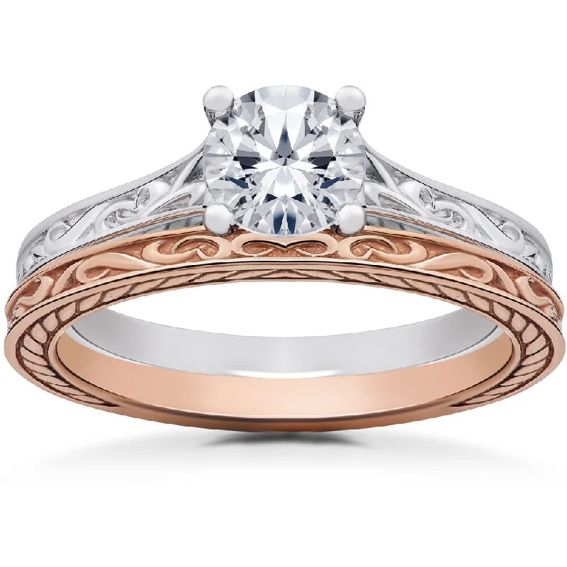 Engagement rings with radiant aquamarine center stones -14k White & Rose Gold 1 ct Vintage Scroll Solitaire Lab Grown Engagement Ring & Matching Wedding Band (F-G, SI1-SI2)