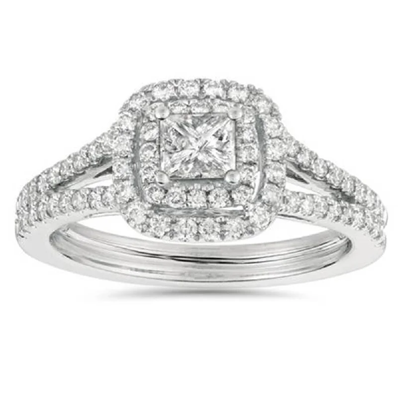 Engagement rings with trillion-cut peridot accents -1ct Princess Cut Diamond Double Halo Engagement Ring 14K White Gold