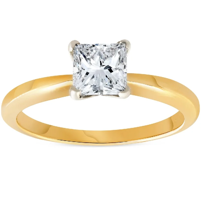 Engagement rings with asymmetrical halo of jade -1ct Princess Cut Diamond Solitaire 14k Yellow Gold Engagement Ring