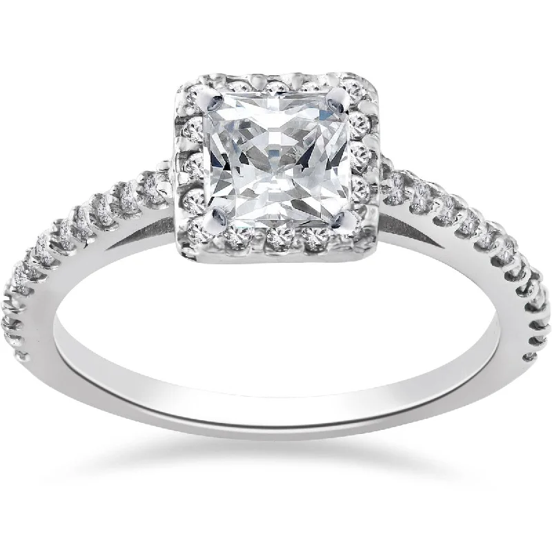 Engagement rings with pearl accents for elegance -1ct Princess Cut Pave Halo Diamond Engagement Ring 14K White Gold