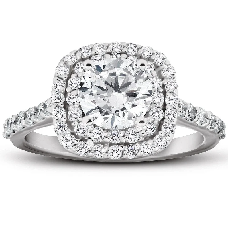 Engagement rings with vintage-inspired claw prongs -2 1/4 Ct Diamond & Moissanite Cushion Halo Engagement Ring 14k White Gold