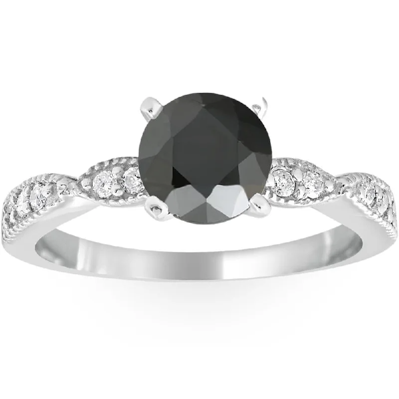 Engagement rings with floral halo of topaz -2 1/4ct Treated Black & White Diamond Engagement Ring 14K White Gold