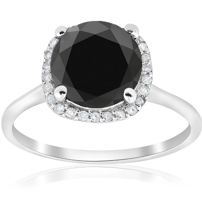 Engagement rings with vintage oxidized gold finish -3 1/10ct Treated Black Diamond Cushion Halo Engagement Ring 14K White Gold