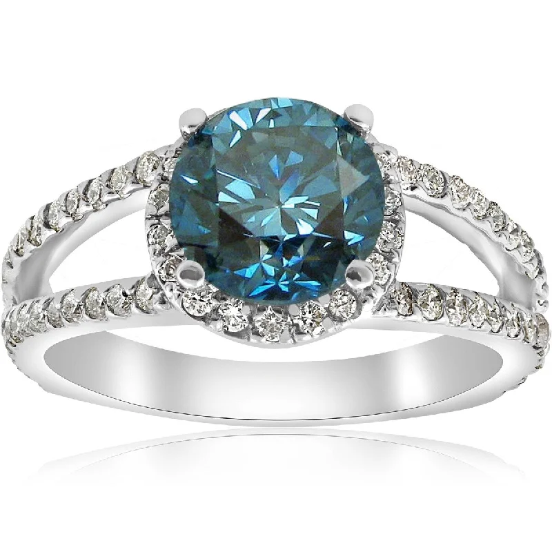 Engagement rings with carved turquoise for boho -3 1/2ct Blue Diamond Halo Engagement Ring Split Shank 14k White Gold