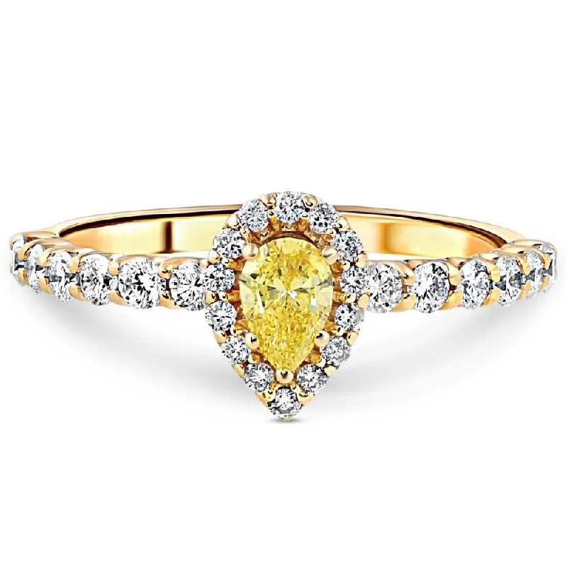 Engagement rings with split-shank topaz designs -3/4CT Fancy Yellow Pear Diamond Halo Engagement Ring Yellow Gold