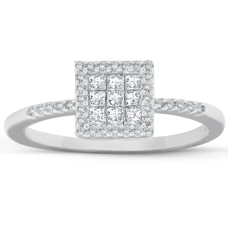 Engagement rings with sleek onyx for contrast -3/8 Ct Princess Cut Diamond Halo Engagement Ring 10k White Gold