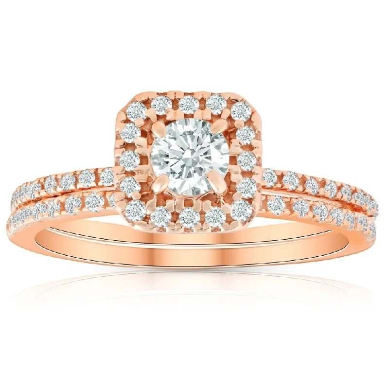 Engagement rings with art deco emerald settings -5/8 Ct TDW Diamond Cushion Halo Engagement Wedding Ring Set Rose Gold