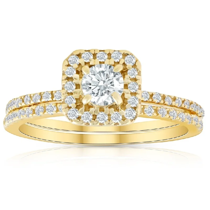 Engagement rings with classic round sapphire brilliance -5/8 Ct TDW Diamond Cushion Halo Engagement Wedding Ring Set Yellow Gold