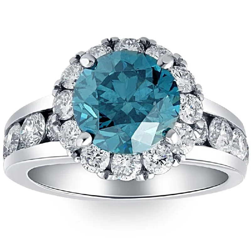 Engagement rings with engraved initials inside bands -5Ct Blue Diamond Halo Engagement Ring in White Gold Lab Grown