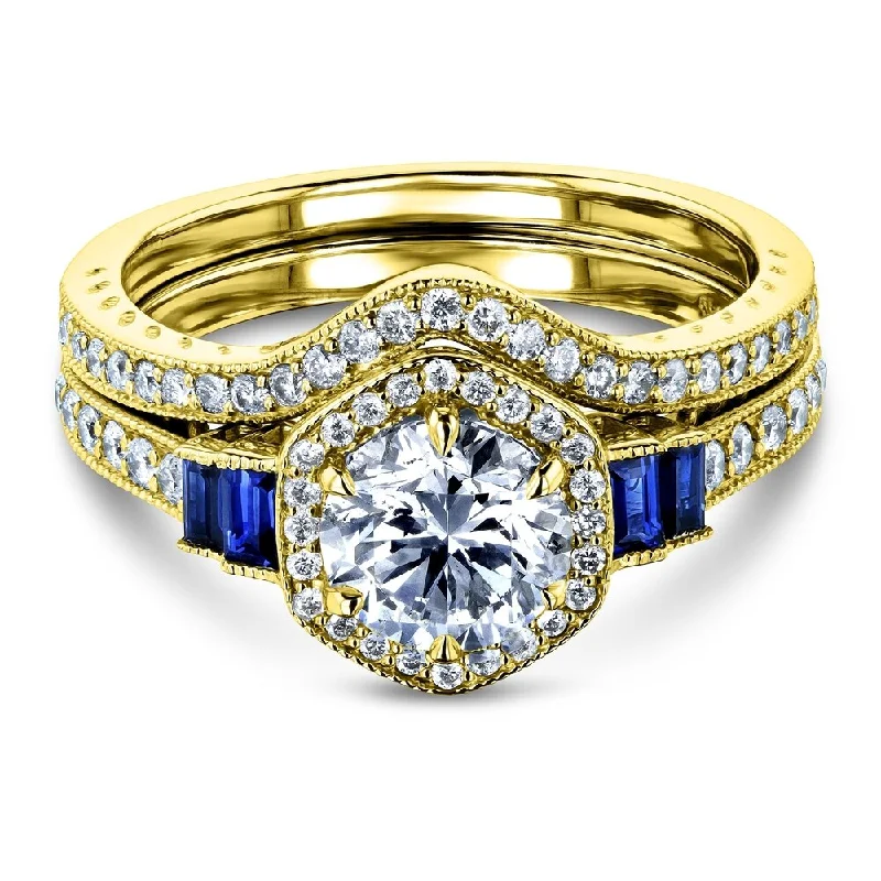 Engagement rings with hexagonal-cut sapphire gems -Annello by Kobelli 14k Gold 1-3/4ct.tw Hexagon Halo Sapphire and Diamond Bridal Set