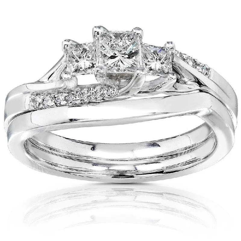 Engagement rings with two-tone sapphire bands -Annello by Kobelli 14k White Gold 1/2ct TDW Princess Diamond 3-Stone Curved Bridal Rings Set