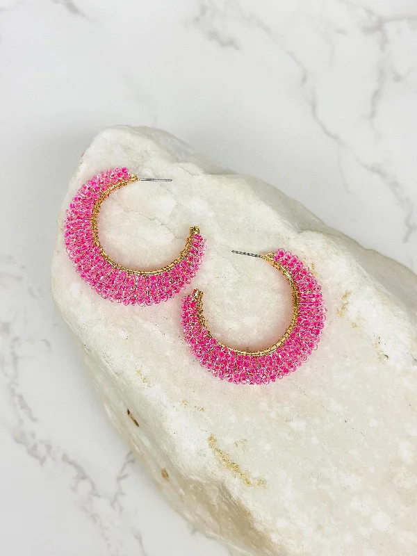 Best hoop earrings with lever-back closures for secure and easy wear-Beaded Cluster Open Hoop Earrings - Hot Pink