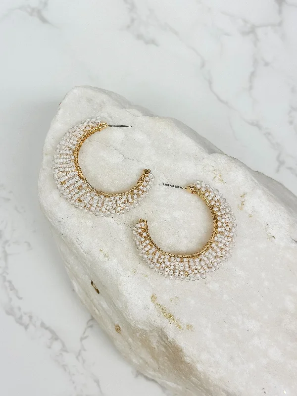 Best hoop earrings with infinity designs for a timeless and meaningful symbol-Beaded Cluster Open Hoop Earrings - White