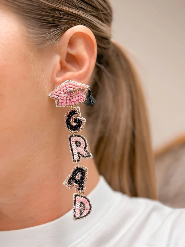 Hoop earrings with intricate designs for a unique and artistic appearance-Beaded 'Grad' Dangle Earrings - Pink