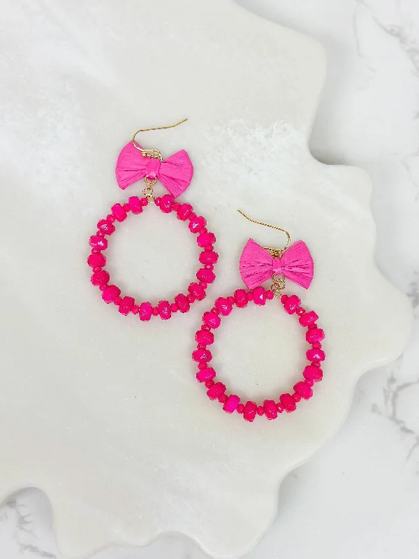 Hoop earrings with rhinestone-studded rims for a glamorous touch-Bow Post Open Dangle Earrings - Hot Pink