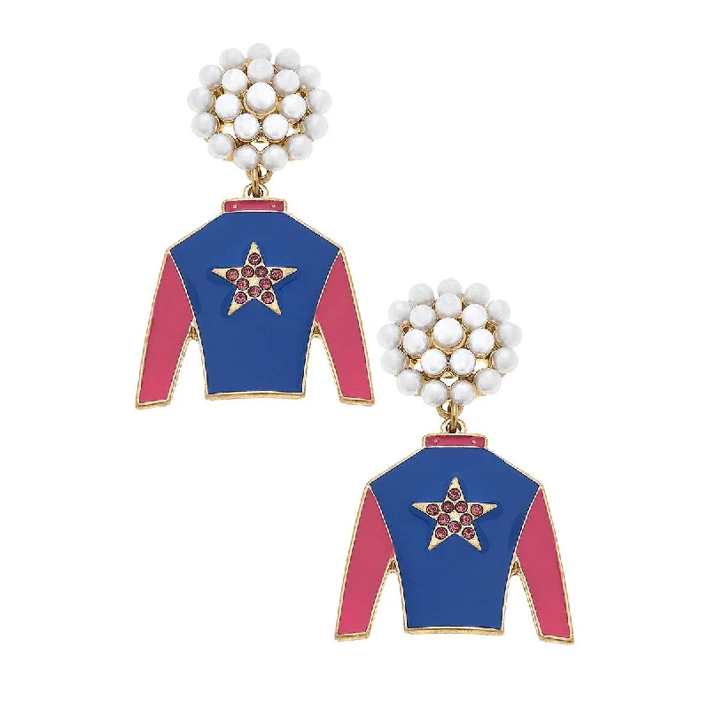 Hoop earrings with a matte finish for a sleek and sophisticated appearance-Canvas Style - Risen Star Pearl Cluster Jockey Enamel Earrings in Blue & Fu