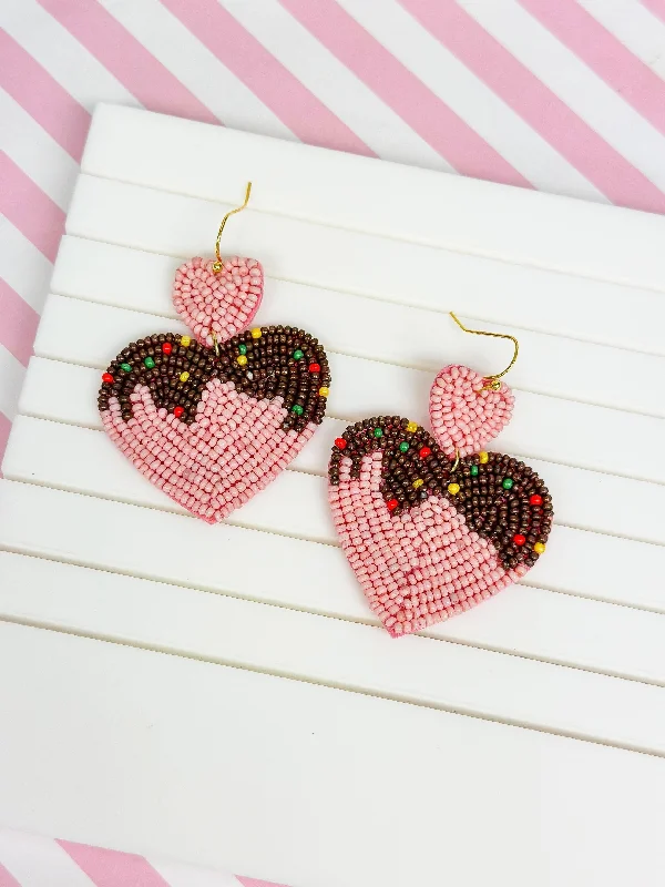 Hoop earrings with tortoiseshell designs for a chic and classic style-Chocolate Heart Beaded Dangle Earrings - Pink