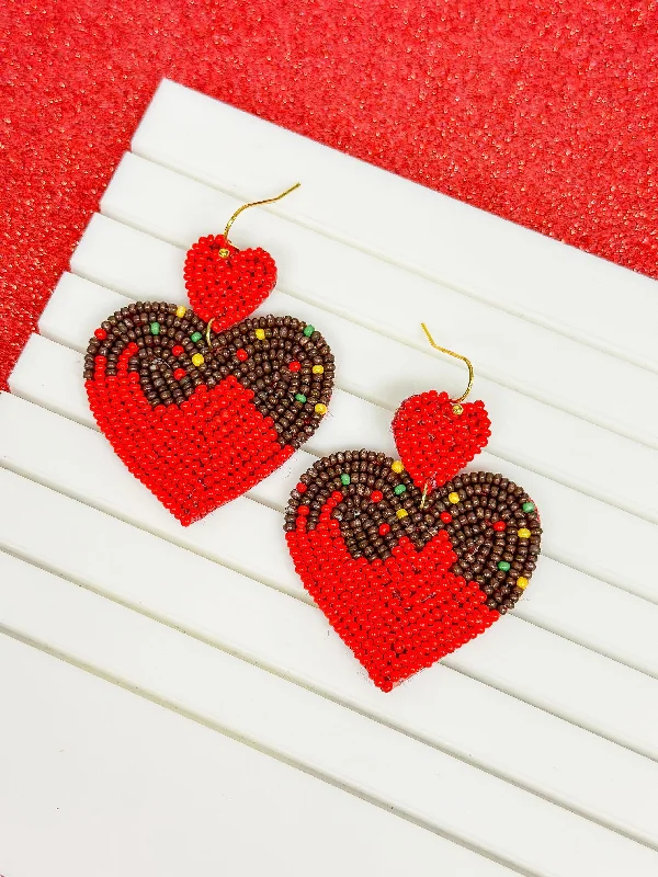 Best hoop earrings with vintage coins for a retro, antique-inspired style-Chocolate Heart Beaded Dangle Earrings - Red