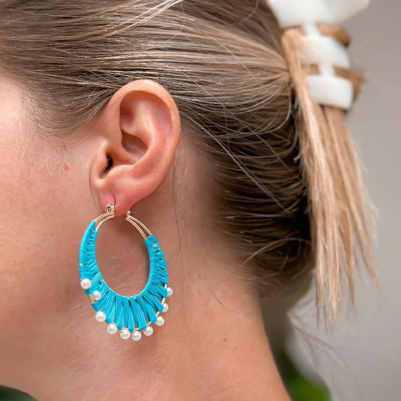 Best hoop earrings with gemstone accents for a colorful and elegant appearance-Bright Turquoise Raffia Pearl Hoop Earrings