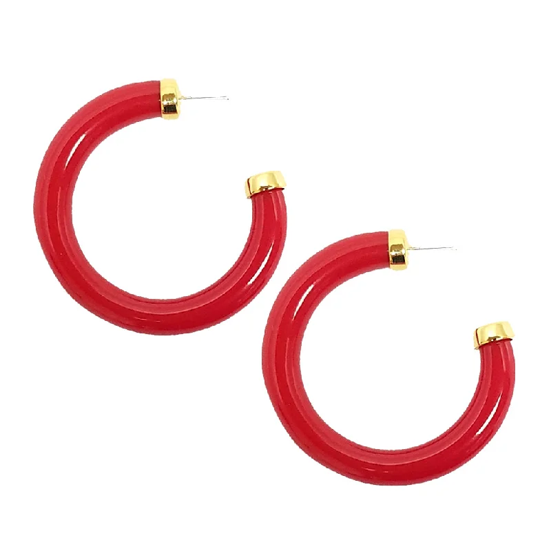 Best hoop earrings with cubic zirconia for a budget-friendly, dazzling look-Large Polished Red Resin Gold Ends Hoop Pierced Earrings