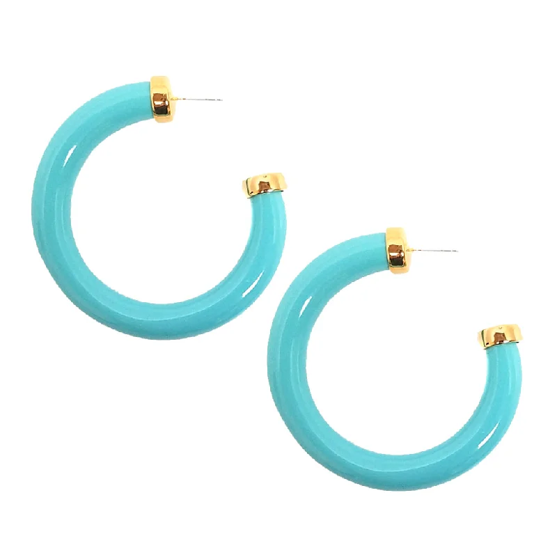 Small hoop earrings for a delicate and understated everyday wear-Large Polished Turquoise Resin Gold Ends Hoop Pierced Earrings