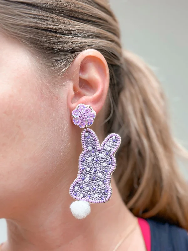 Hoop earrings with rhinestone-studded rims for a glamorous touch-Easter Bunny Beaded Dangle Earrings - Purple