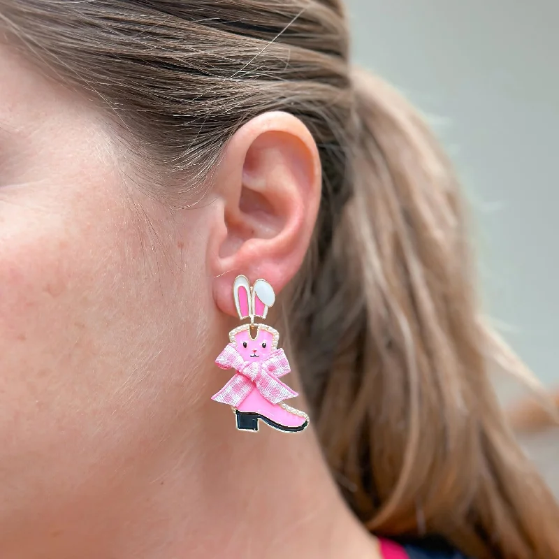 Best hoop earrings with stacked layers for a dimensional and bold look-Enamel Bunny Boot Dangle Earrings - Pink