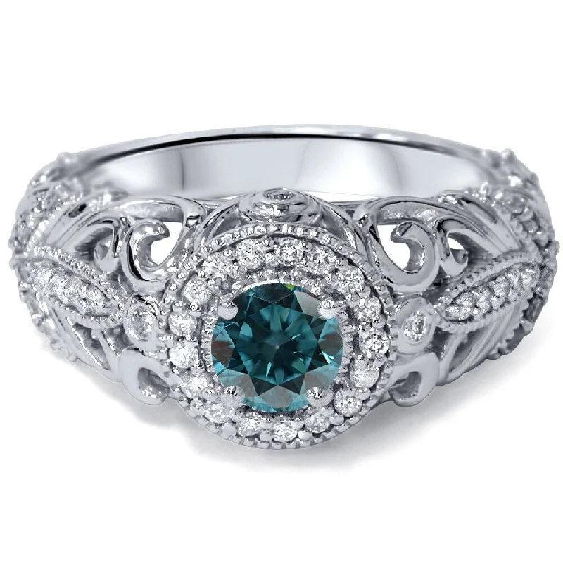 Engagement rings with radiant malachite for swirls -Engagement 14k White Gold 3/4ct TDW Blue and White Diamond Vintage Halo Ring