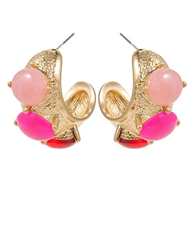 Best hoop earrings with multi-colored gemstones for a vibrant and lively touch-Fuchsia & Gold Stone Dome Shape Textured Hoops