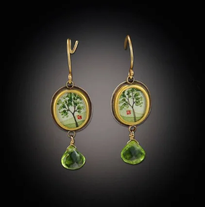 Unique necklaces and pendants with vintage-inspired designs for timeless appeal-Gold Tiny Oval Spring Maple Earrings with Peridot Drop