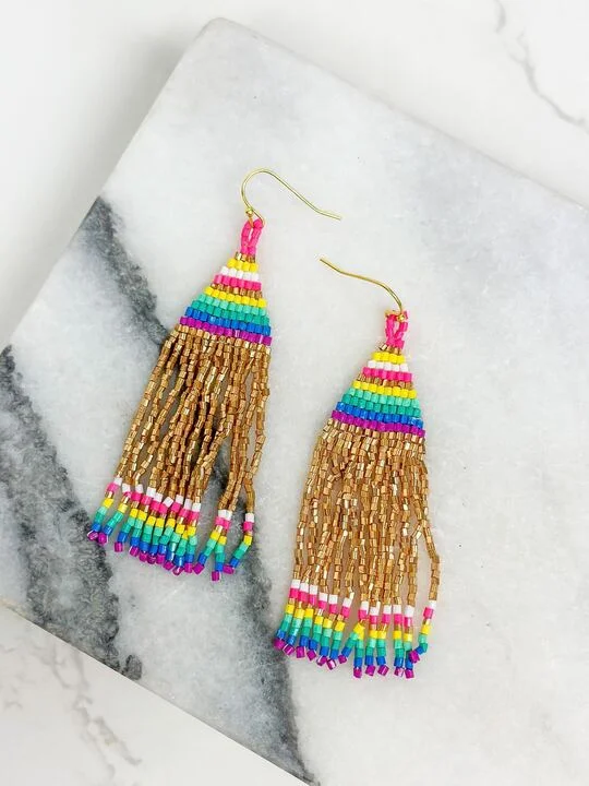 Best hoop earrings with minimal embellishments for a sleek and modern look-Golden Rainbow Fringe Dangle Earrings