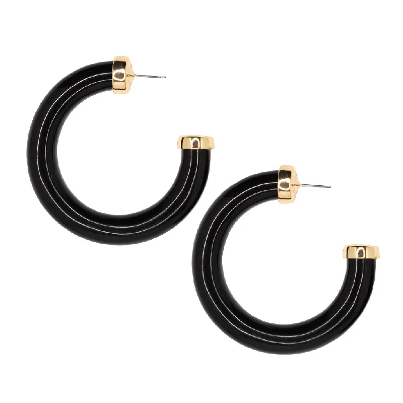 Hoop earrings with a chunky design for a bold and trendy statement-Large Polished Black Resin Gold Ends Hoop Pierced Earrings